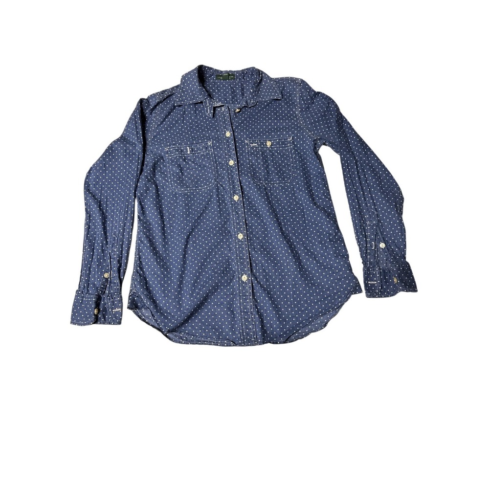 Ralph Lauren Classic‎ Blue Polka Dot Denim Button Down Shirt Women Size S